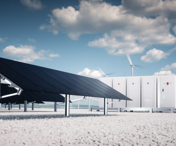 photorealistic futuristic concept of renewable energy storage consisting of modern, aesthetic and efficient dark solar panel panels that are in pleasant contrast to the blue summer sky and white gravel on the ground, a modular battery energy storage system and a wind turbine system in the background. 3d rendering